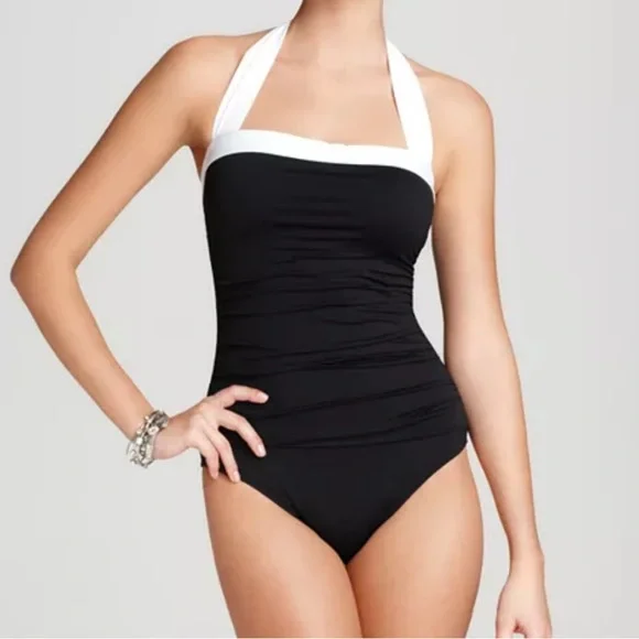 Lauren Ralph Lauren Bel Air Solids Shirred Bandeau black and white Size 4 - Picture 1 of 6